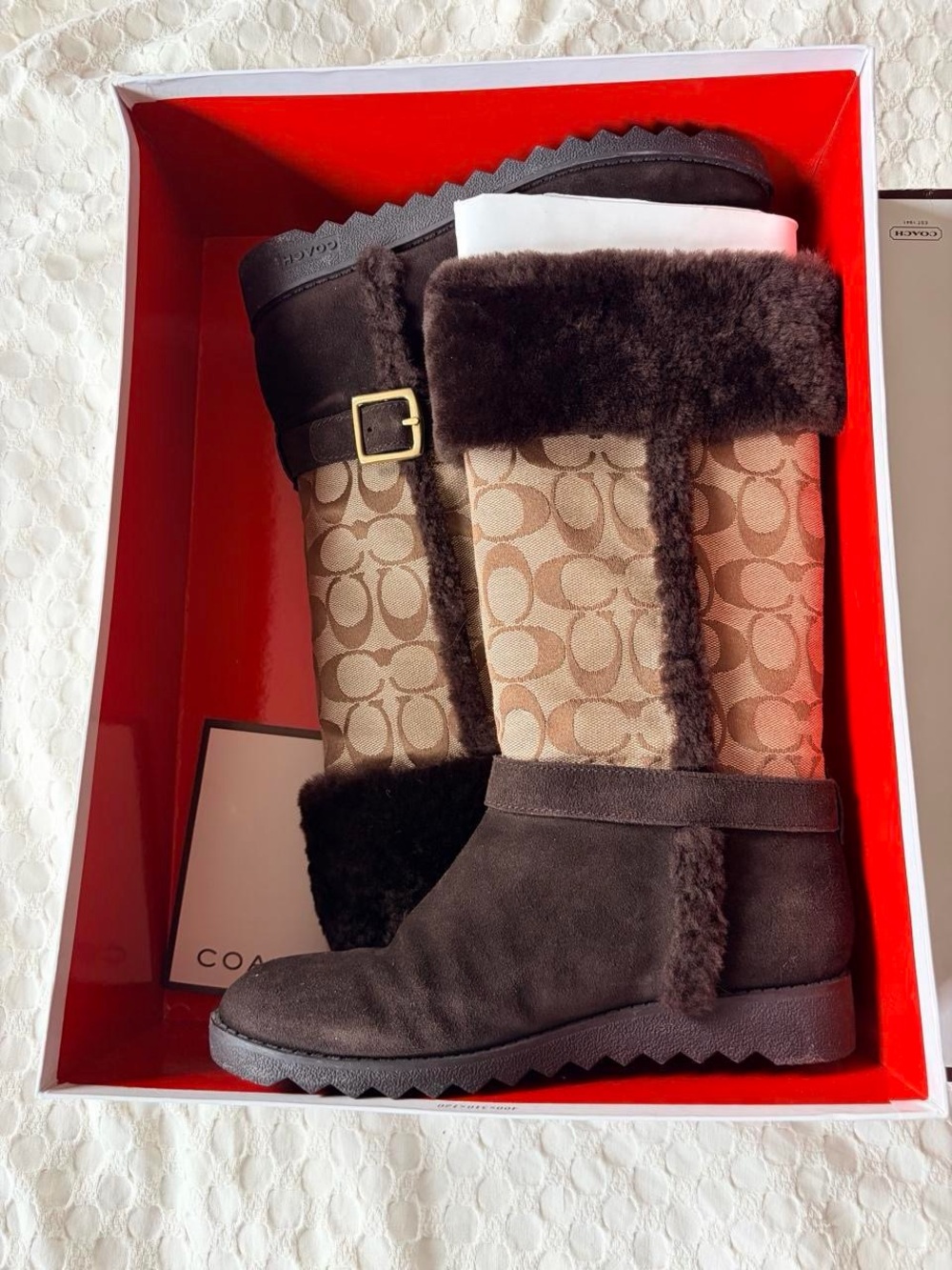 Coach Deeann Signature Shearling Suede Boots Brown Size 7 w/ Box